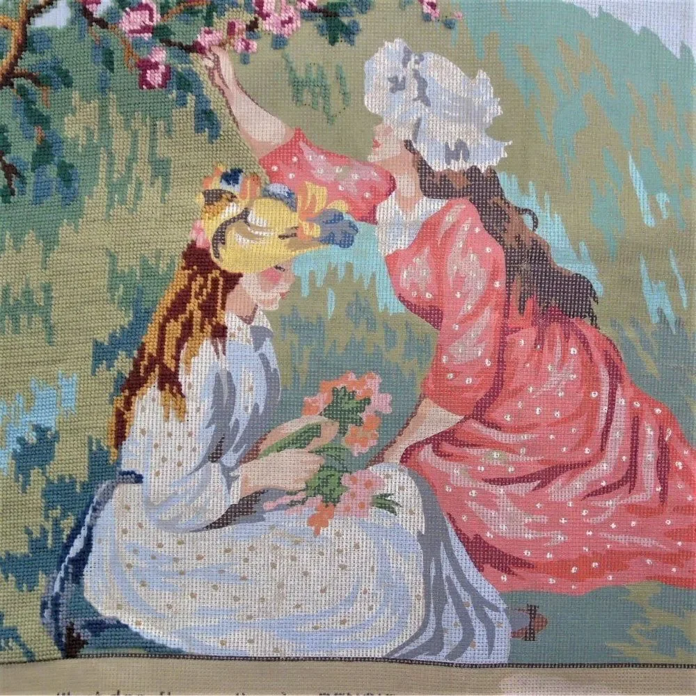 Vintage 1976 Needlework Canvas SPADEM Paris Girls Picking Flowers After Renoir
